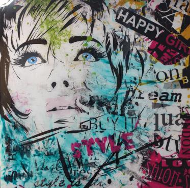 Collage modern mit Frauengesicht unter Resin Größe 80 x 80 cm